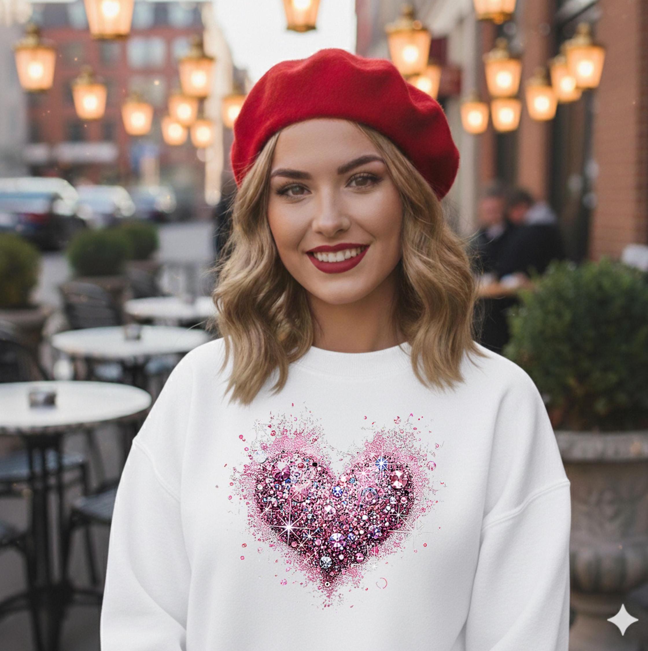 Valentine's Day dazzling pink heart crewneck sweatshirt with FAUX  rhinestones, sequins and glitter