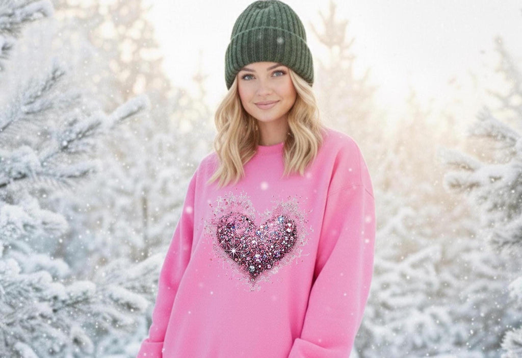 Valentine's Day dazzling pink heart crewneck sweatshirt with FAUX  rhinestones, sequins and glitter