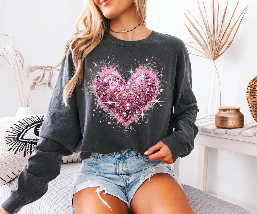 Pink Valentine's Day Shirt: Glitter Heart Long Sleeve