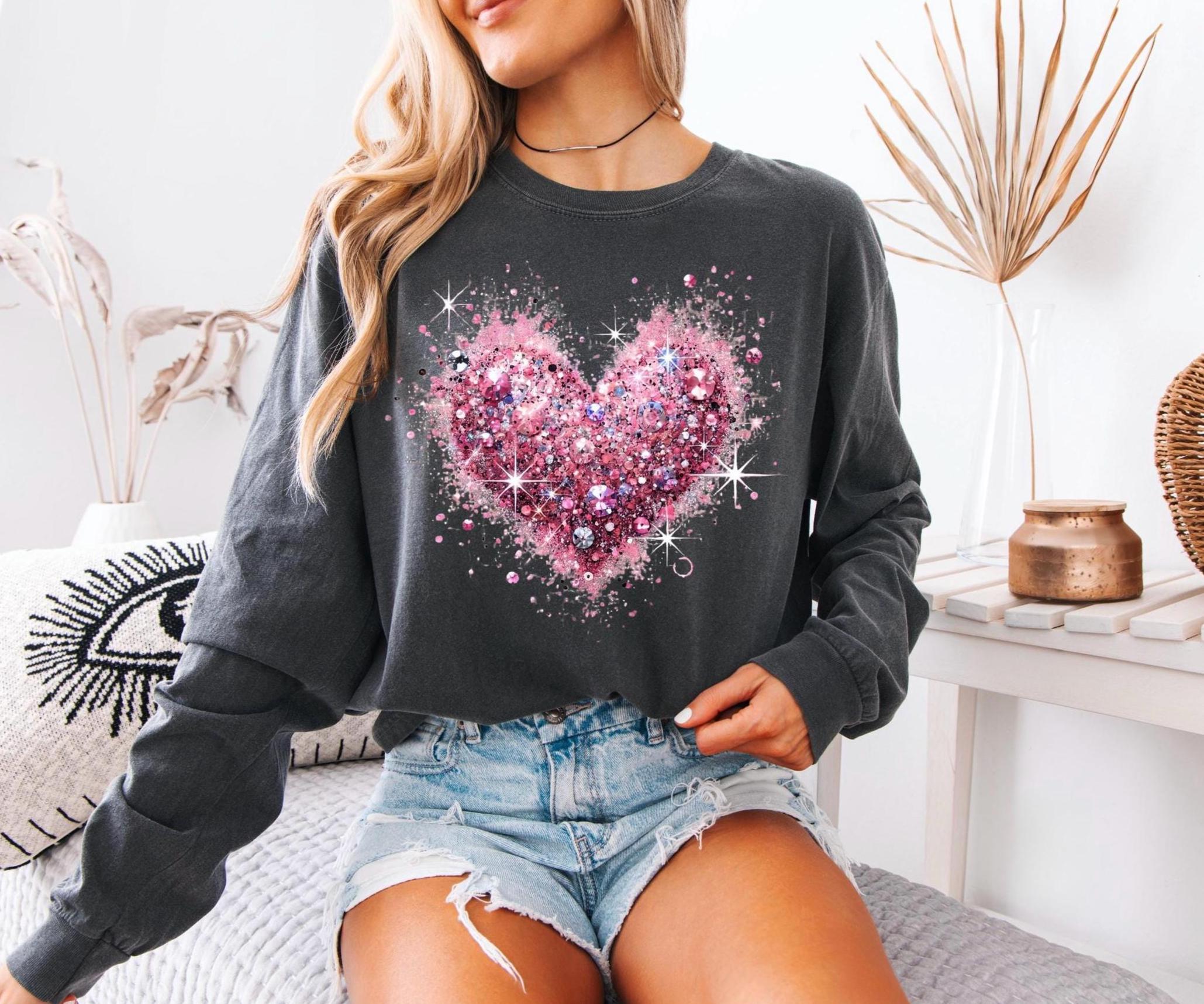Pink Valentine's Day Shirt: Glitter Heart Long Sleeve
