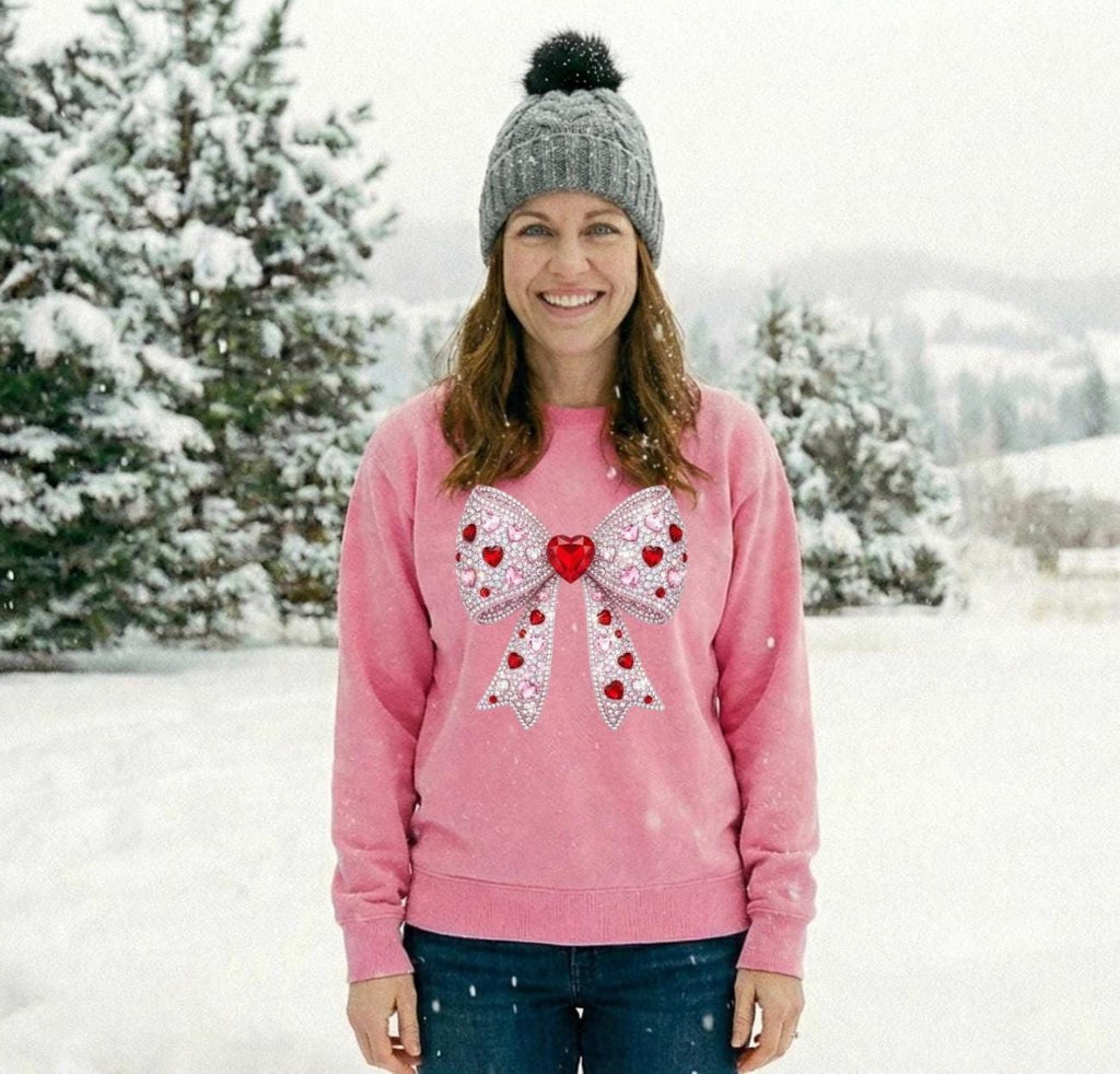 Coquette Bow Sweatshirt, FAUX rhinestone Heart Bow Crewneck, Valentine's Day Gift for Her