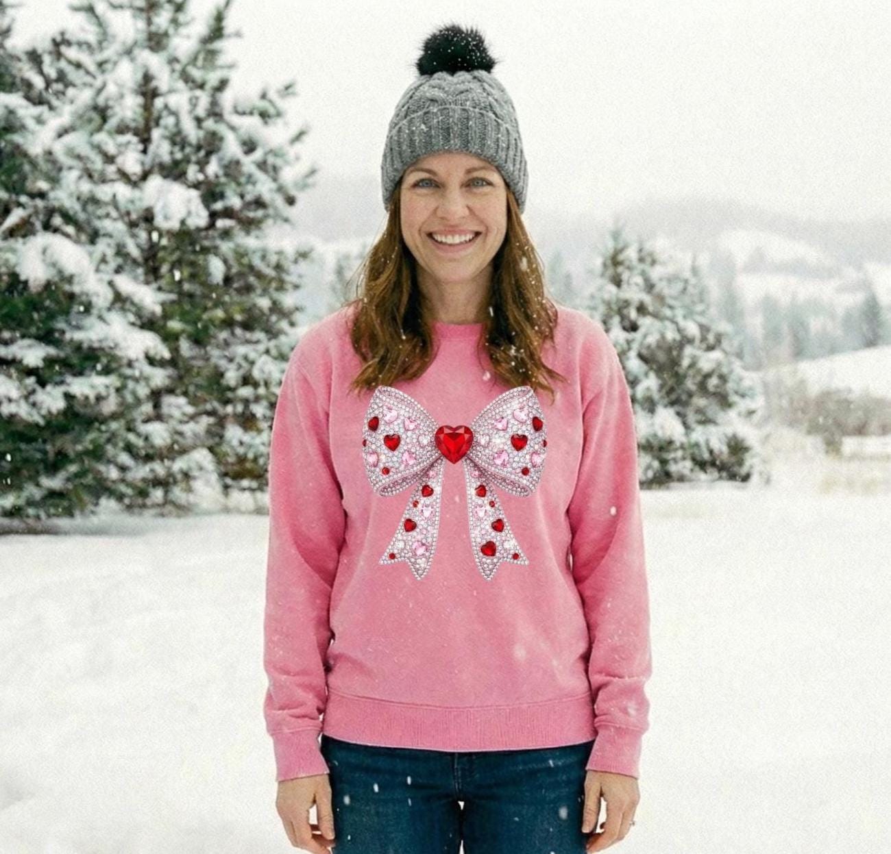 Coquette Bow Sweatshirt, FAUX rhinestone Heart Bow Crewneck, Valentine's Day Gift for Her