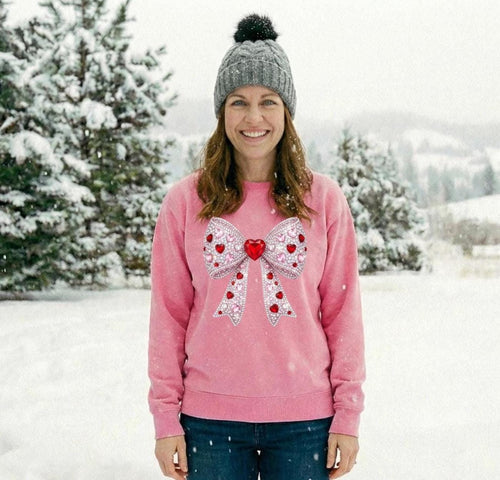 Coquette Bow Sweatshirt, FAUX rhinestone Heart Bow Crewneck, Valentine's Day Gift for Her