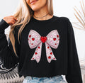 Coquette Heart Bow Long Sleeve T-shirt, Faux Rhinestone Valentine's Gift
