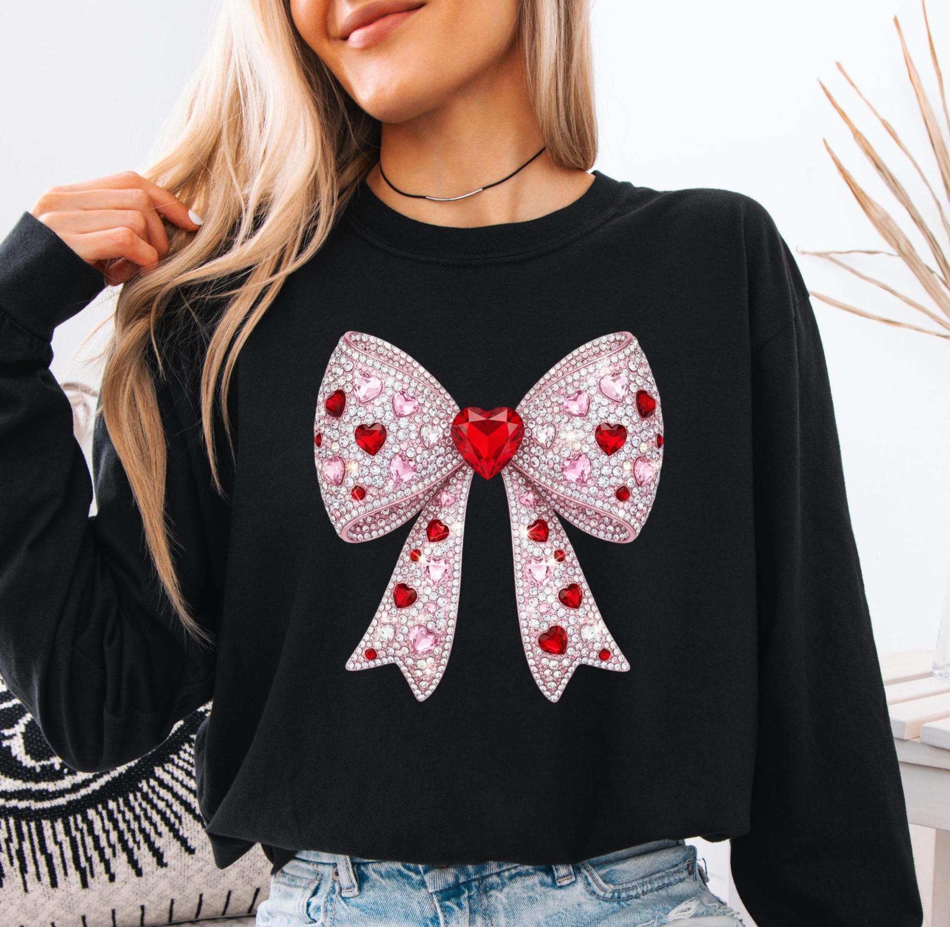 Coquette Heart Bow Long Sleeve T-shirt, Faux Rhinestone Valentine's Gift