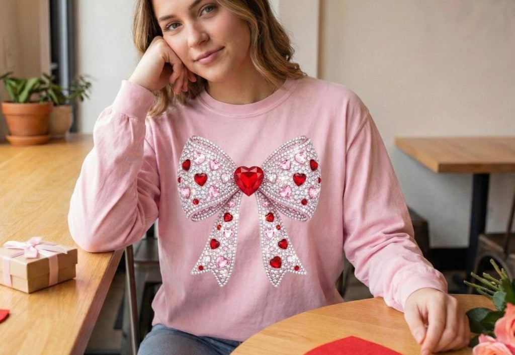 Coquette Heart Bow Long Sleeve T-shirt, Faux Rhinestone Valentine's Gift