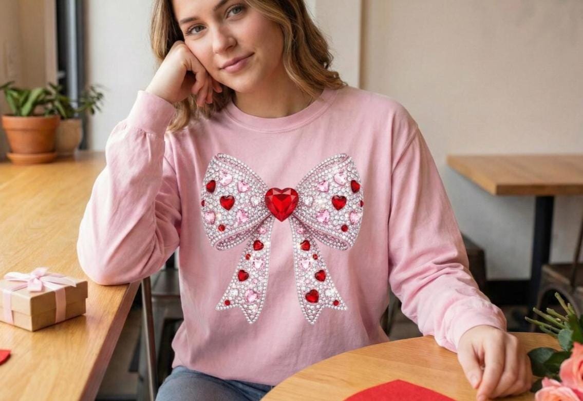 Coquette Heart Bow Long Sleeve T-shirt, Faux Rhinestone Valentine's Gift