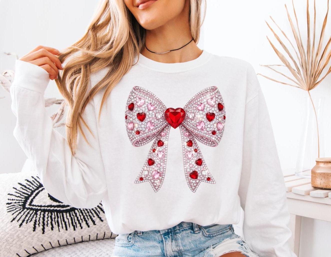 Coquette Heart Bow Long Sleeve T-shirt, Faux Rhinestone Valentine's Gift