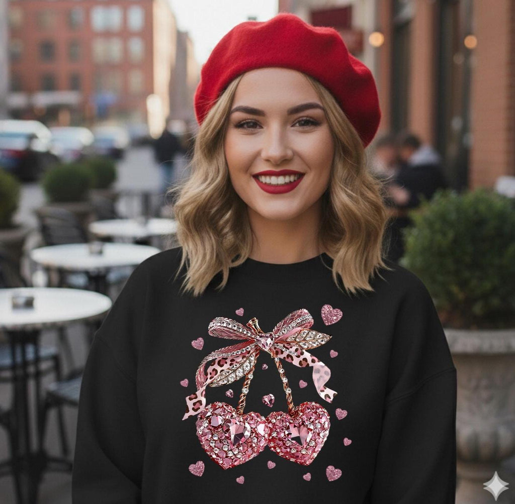 FAUX Gemstone Cherry Hearts Crewneck Sweatshirt, Valentine's Day Gift for Her
