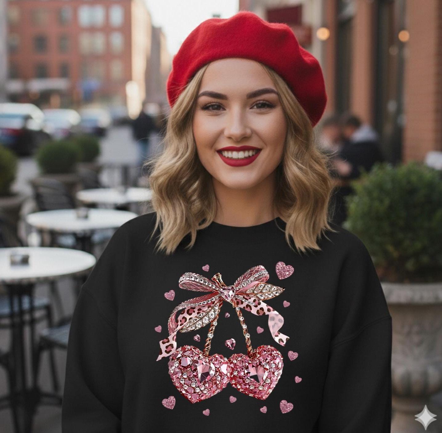 FAUX Gemstone Cherry Hearts Crewneck Sweatshirt, Valentine's Day Gift for Her