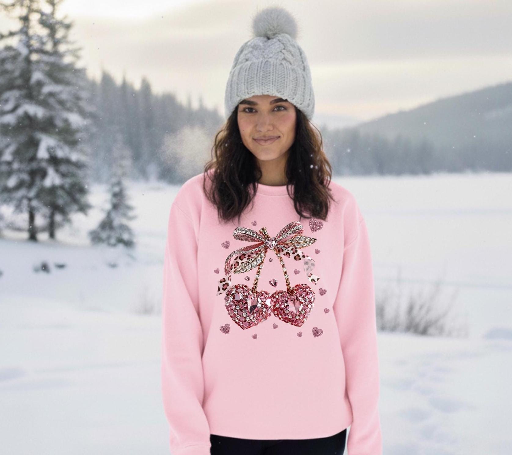 FAUX Gemstone Cherry Hearts Crewneck Sweatshirt, Valentine's Day Gift for Her
