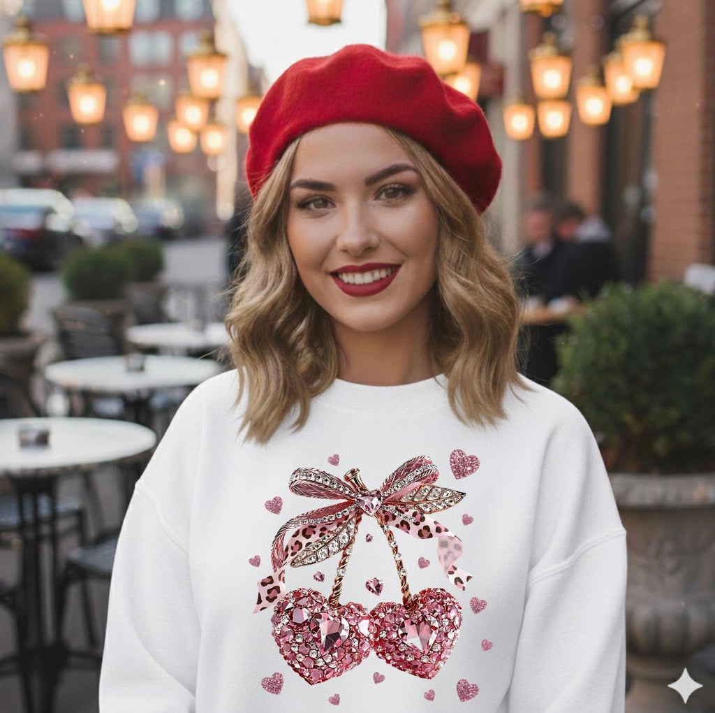 FAUX Gemstone Cherry Hearts Crewneck Sweatshirt, Valentine's Day Gift for Her