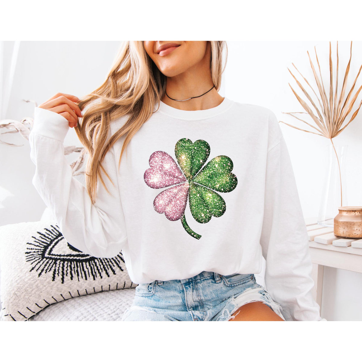 St Patricks Day Shamrock Sweatshirt, Pink and Green Faux Glitter Print