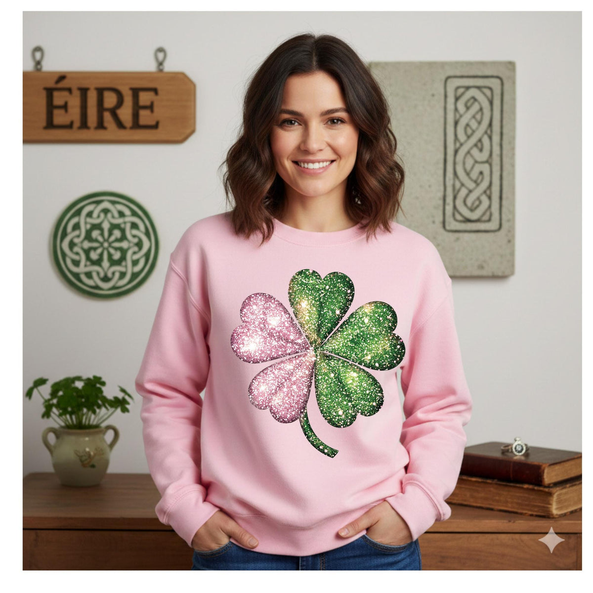 St Patricks Day Shamrock Sweatshirt, Pink and Green Faux Glitter Print