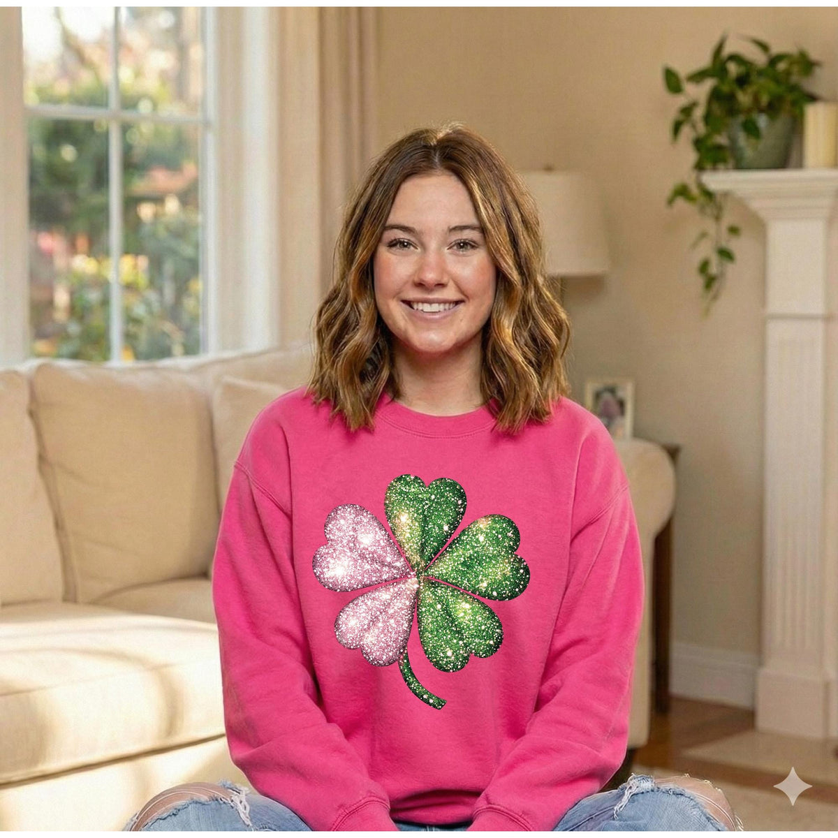 St Patricks Day Shamrock Sweatshirt, Pink and Green Faux Glitter Print