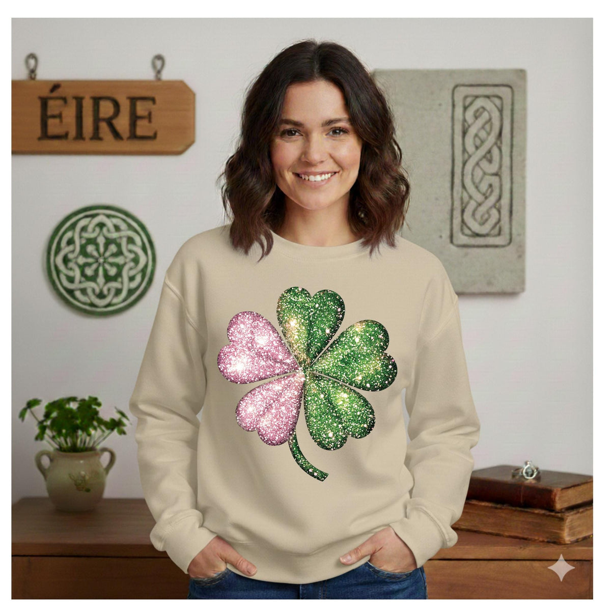 St Patricks Day Shamrock Sweatshirt, Pink and Green Faux Glitter Print