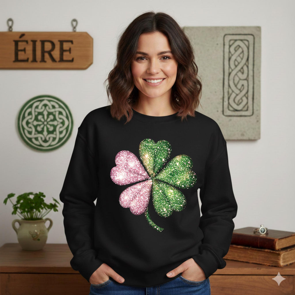 St Patricks Day Shamrock Sweatshirt, Pink and Green Faux Glitter Print