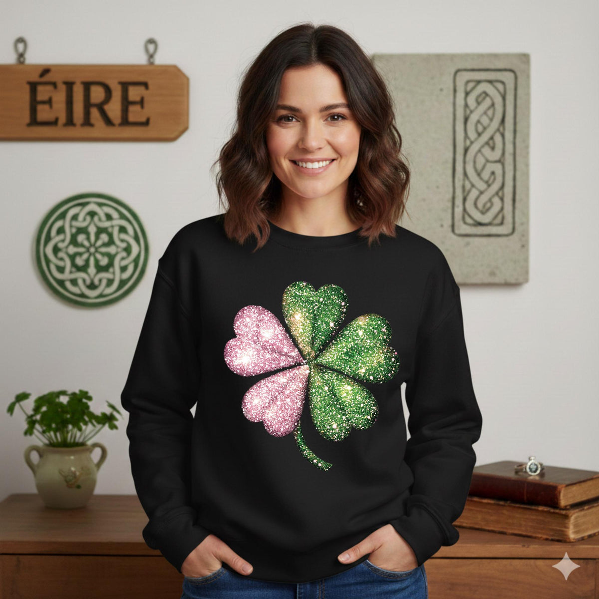 St Patricks Day Shamrock Sweatshirt, Pink and Green Faux Glitter Print