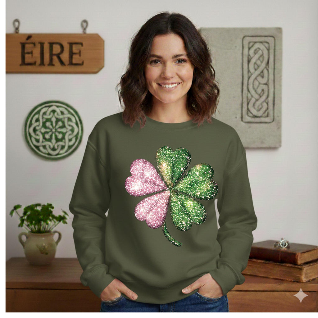 St Patricks Day Shamrock Sweatshirt, Pink and Green Faux Glitter Print