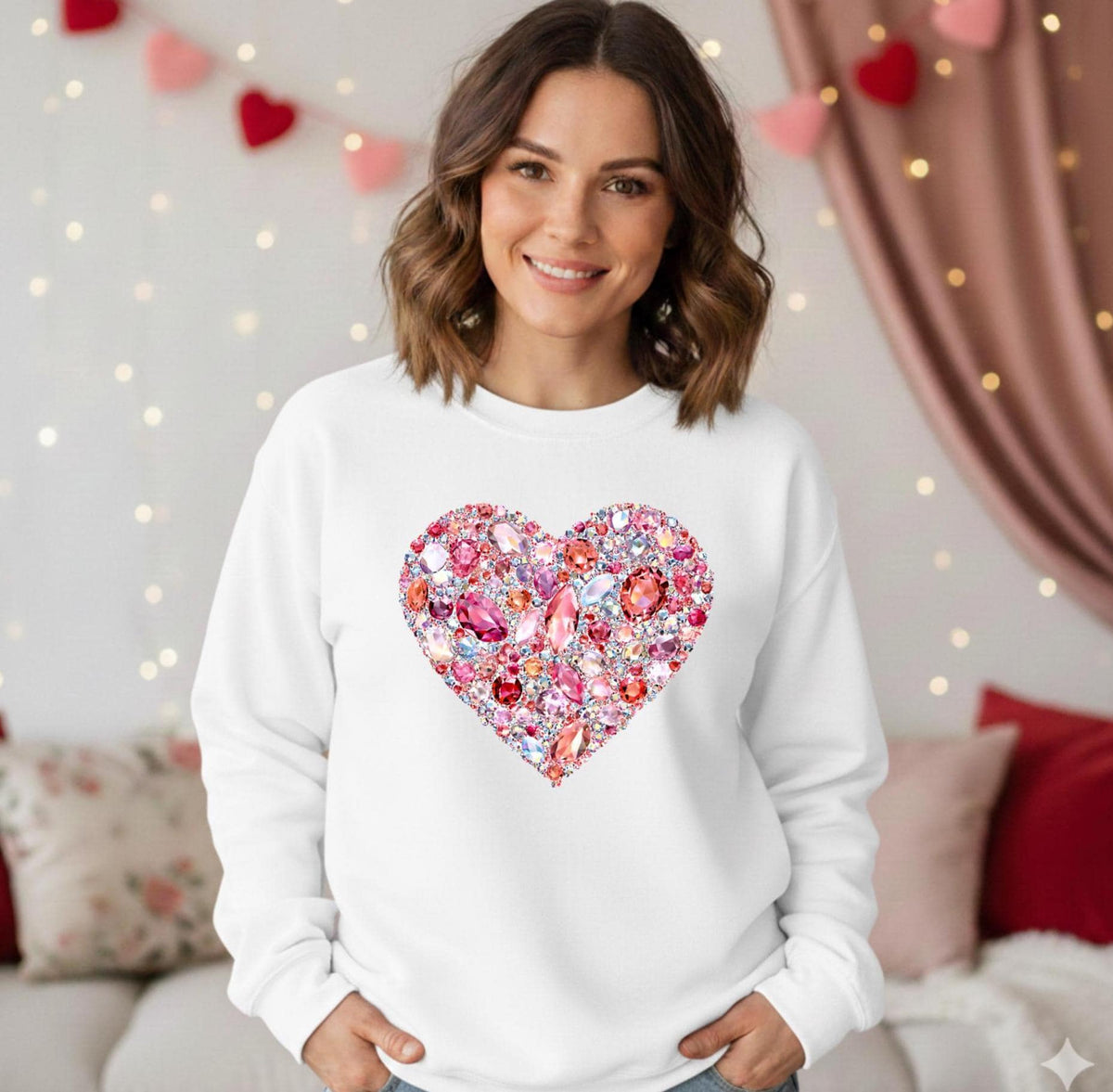 FAUX Gemstone Sweatshirt, FAUX rhinestone Heart Crewneck, Valentine's Day Gift for Her