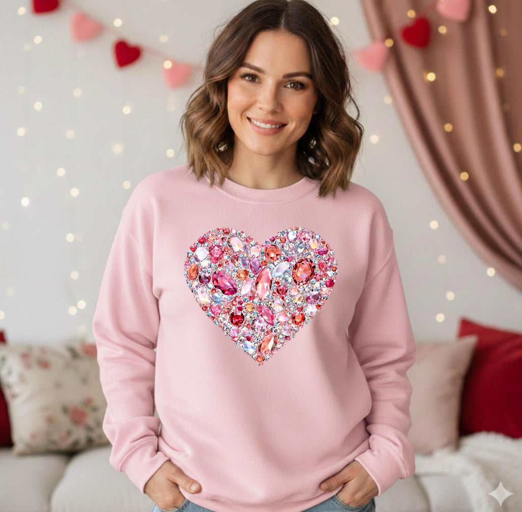 FAUX Gemstone Sweatshirt, FAUX rhinestone Heart Crewneck, Valentine's Day Gift for Her