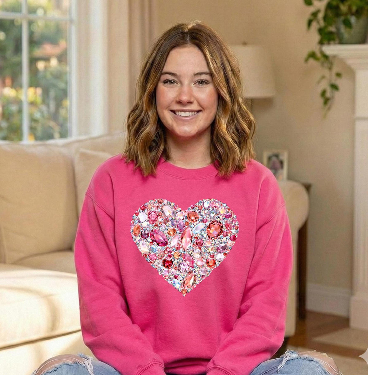 FAUX Gemstone Sweatshirt, FAUX rhinestone Heart Crewneck, Valentine's Day Gift for Her