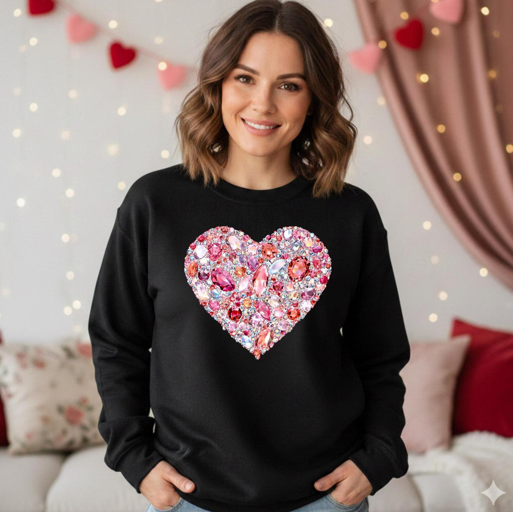 FAUX Gemstone Sweatshirt, FAUX rhinestone Heart Crewneck, Valentine's Day Gift for Her