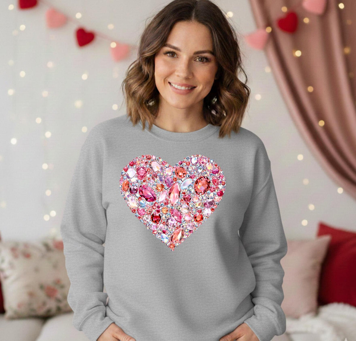 FAUX Gemstone Sweatshirt, FAUX rhinestone Heart Crewneck, Valentine's Day Gift for Her