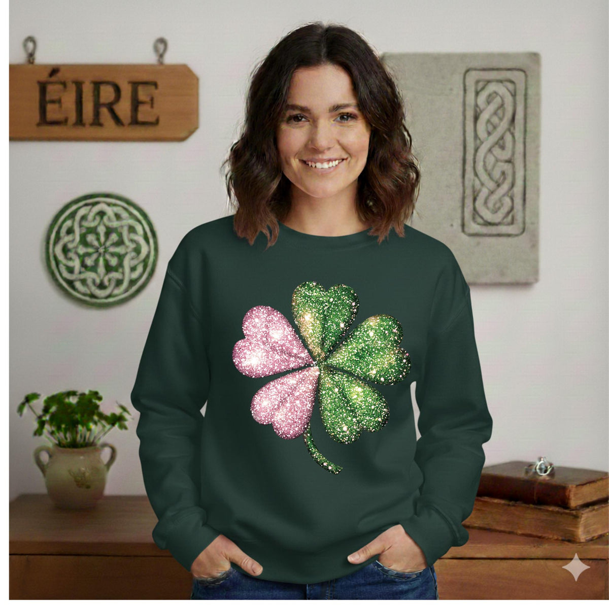 St Patricks Day Shamrock Sweatshirt, Pink and Green Faux Glitter Print