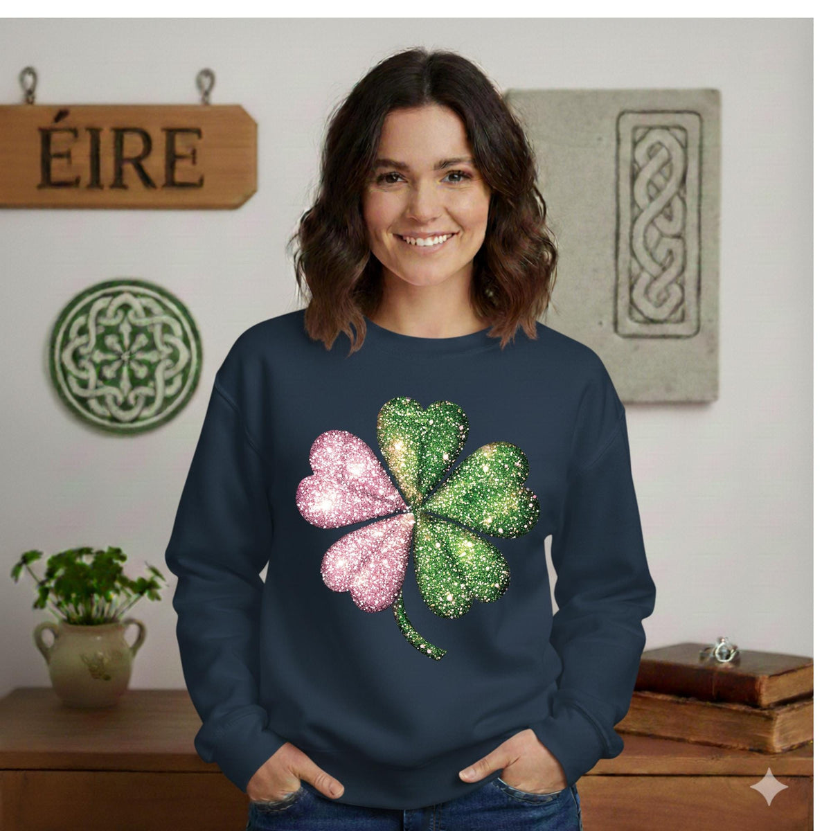 St Patricks Day Shamrock Sweatshirt, Pink and Green Faux Glitter Print