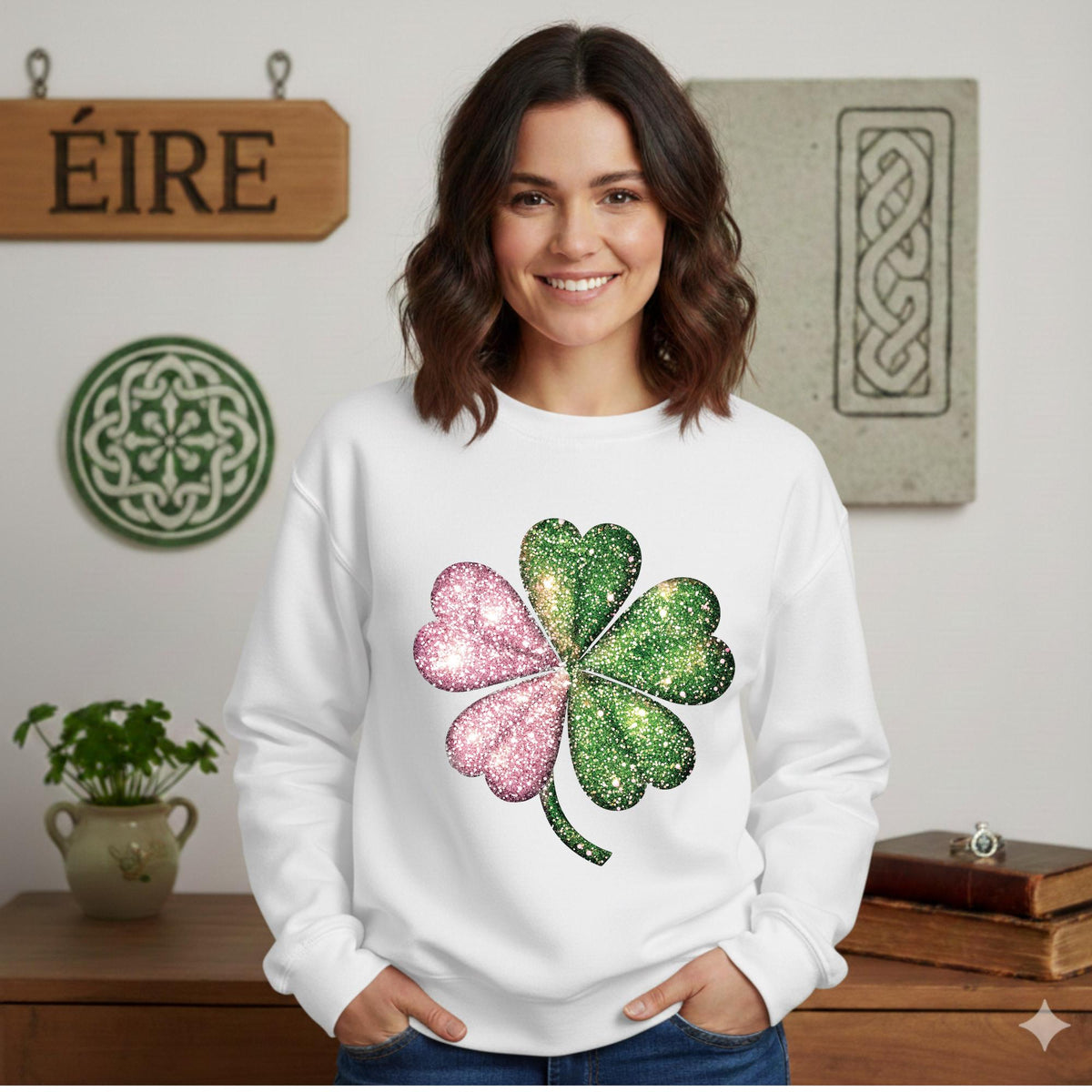 St Patricks Day Shamrock Sweatshirt, Pink and Green Faux Glitter Print