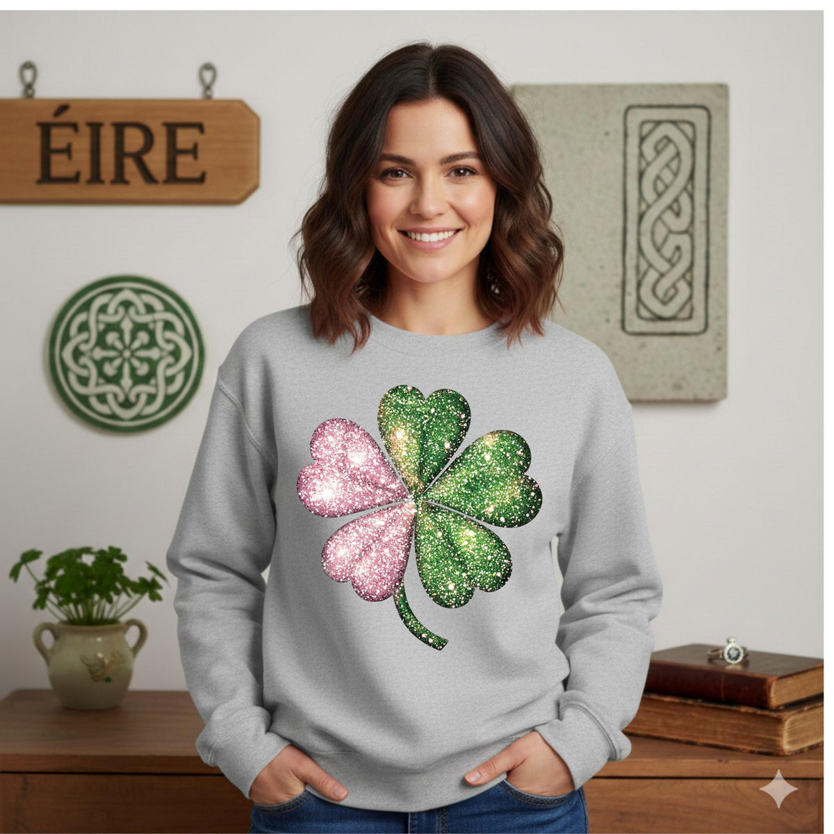 St Patricks Day Shamrock Sweatshirt, Pink and Green Faux Glitter Print