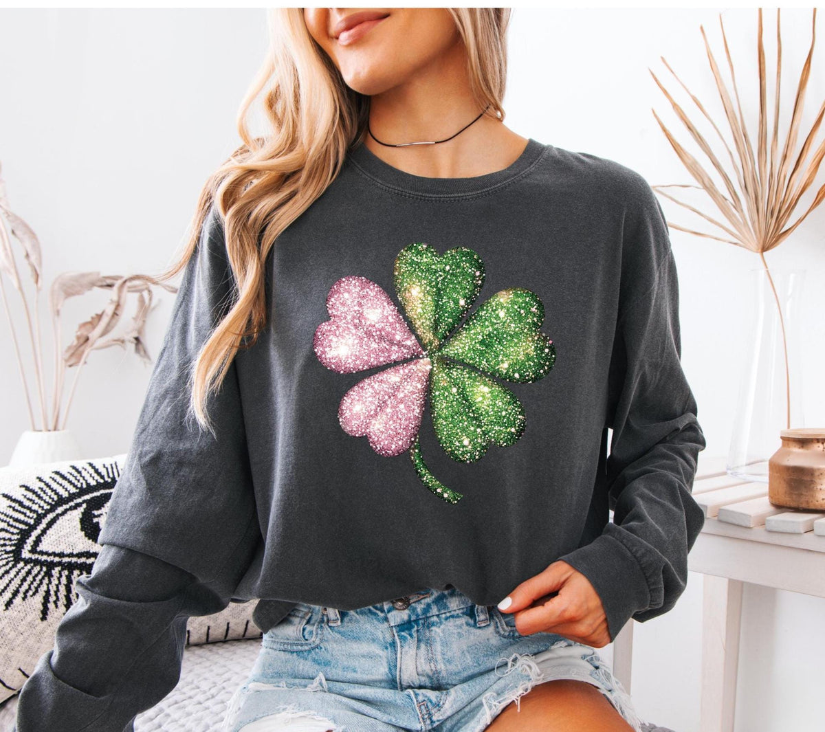St Patricks Day Shamrock Sweatshirt, Pink and Green Faux Glitter Print