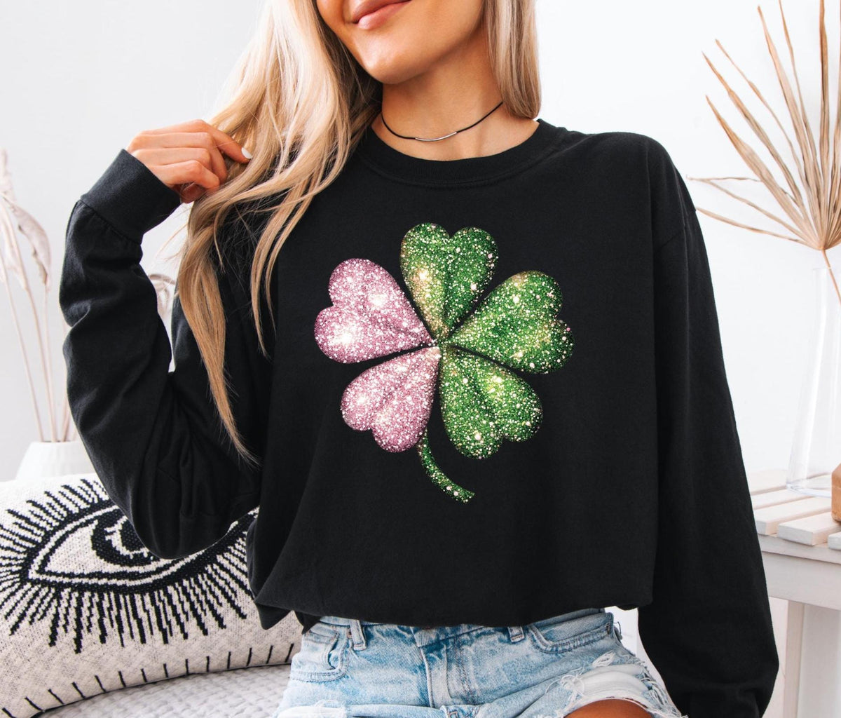 St Patricks Day Shamrock Sweatshirt, Pink and Green Faux Glitter Print