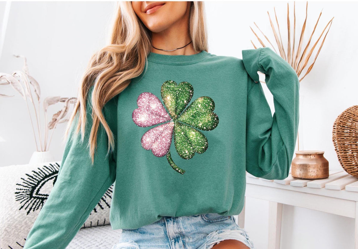 St Patricks Day Shamrock Sweatshirt, Pink and Green Faux Glitter Print