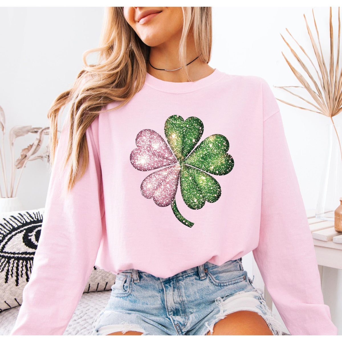 St Patricks Day Shamrock Sweatshirt, Pink and Green Faux Glitter Print
