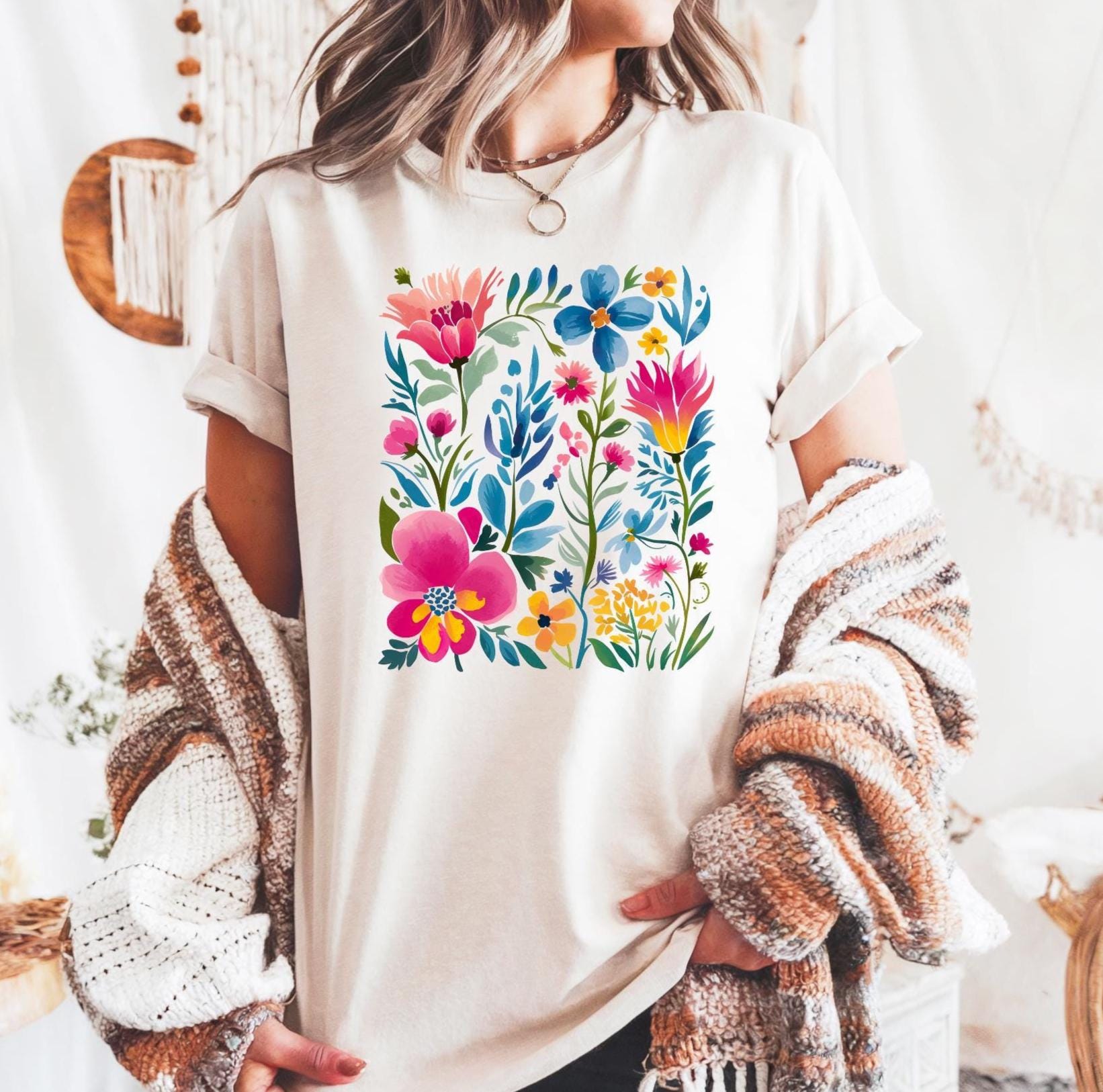 Trendy Spring Vibes Boho Wildflower Tshirt, Seasonal apparel