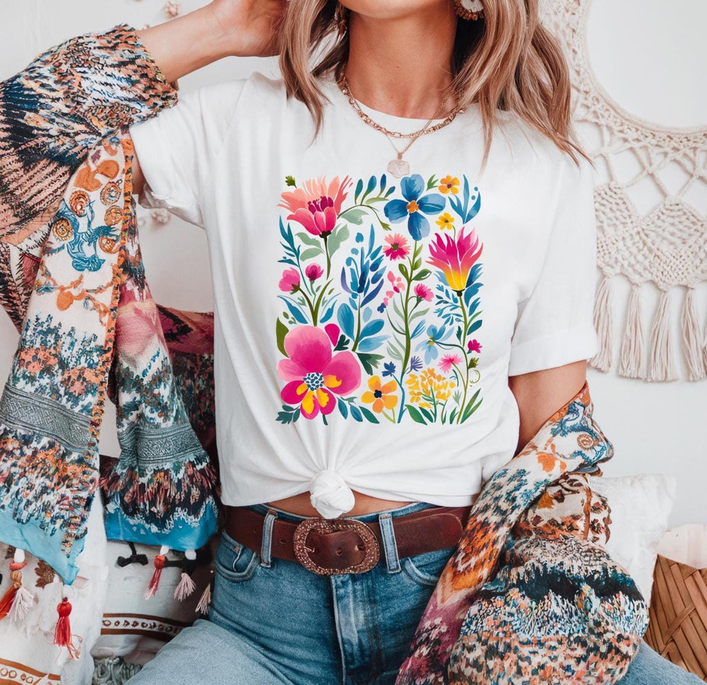 Trendy Spring Vibes Boho Wildflower Tshirt, Seasonal apparel