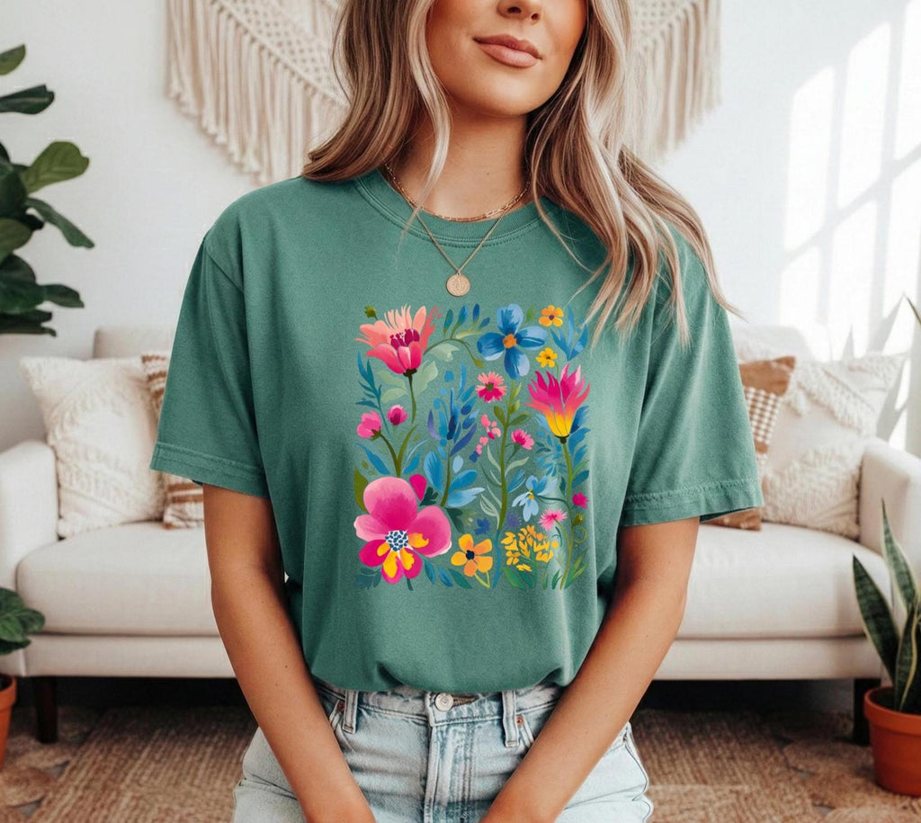 Trendy Spring Vibes Boho Wildflower Tshirt, Seasonal apparel