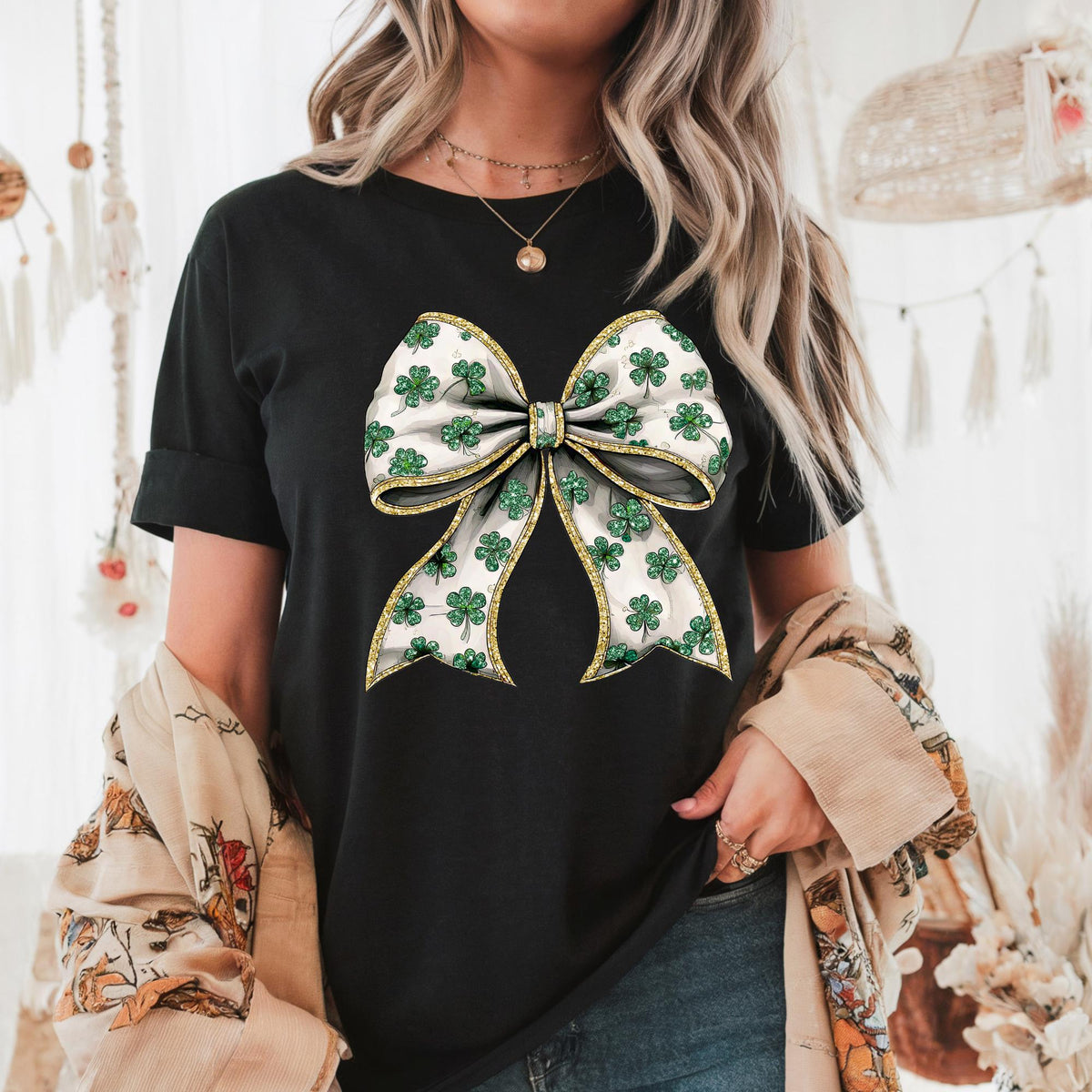 St Patricks Day Coquette Shamrock Bow short sleeve Comfort Colors Tshirt.