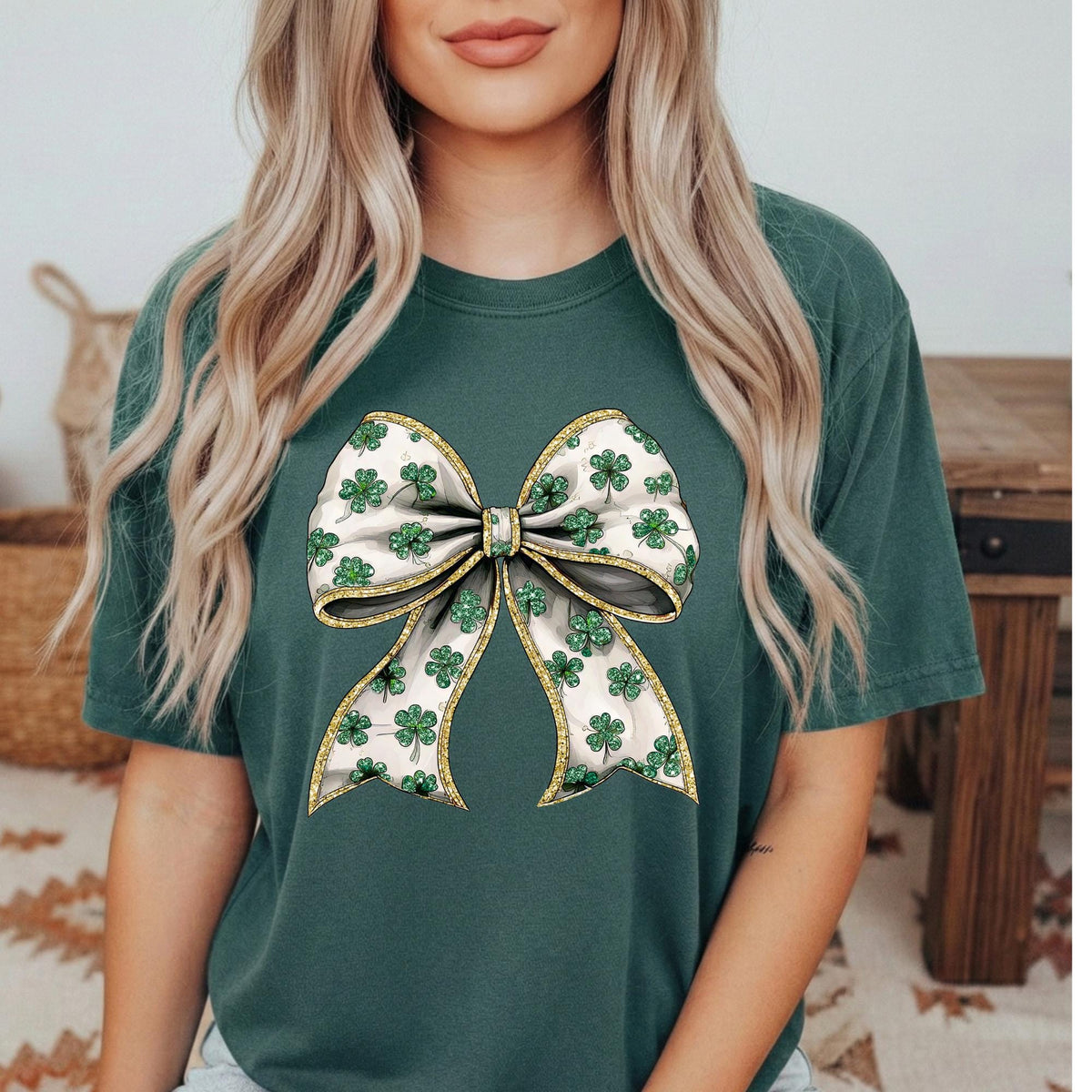 St Patricks Day Coquette Shamrock Bow short sleeve Comfort Colors Tshirt.