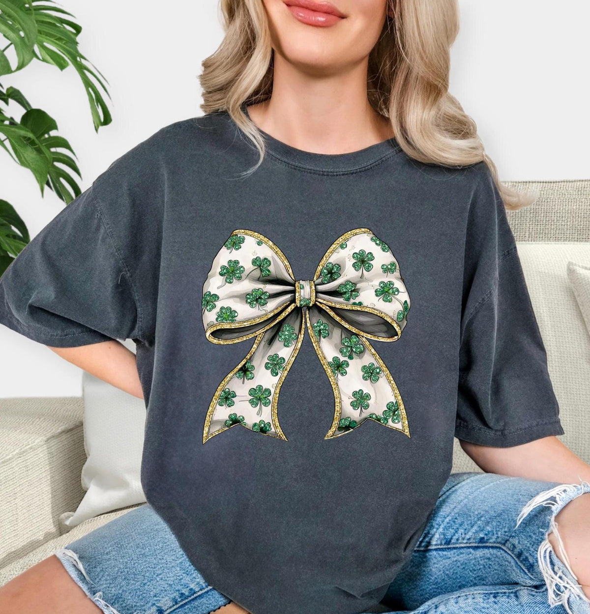 St Patricks Day Coquette Shamrock Bow short sleeve Comfort Colors Tshirt.