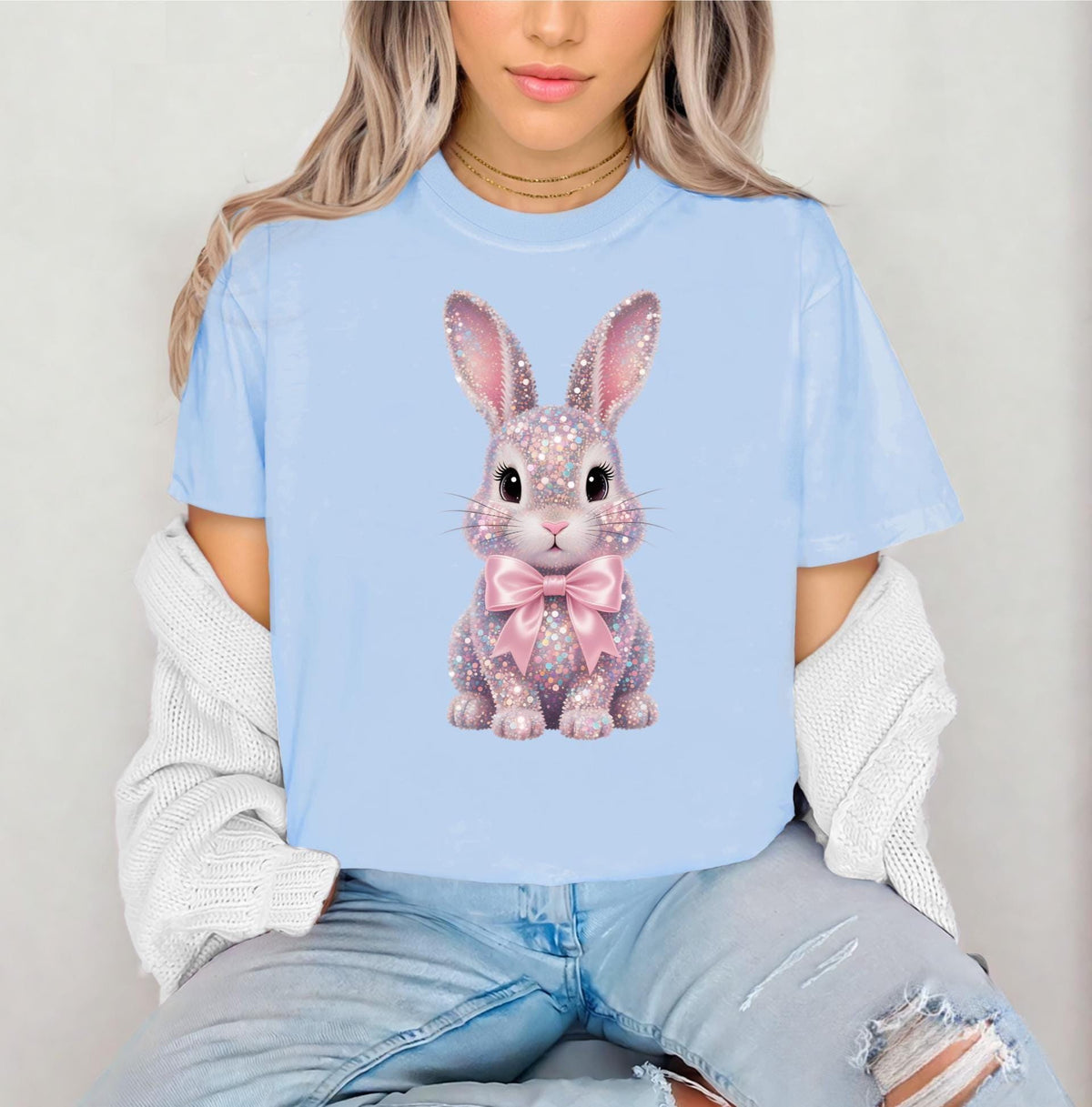 Sparkly Bunny Comfort Colors short sleeve tshirt, Easter Tshirt, FAUX sparkles, sequins, and rhinestones