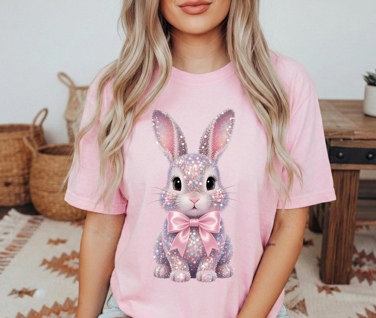 Sparkly Bunny Comfort Colors short sleeve tshirt, Easter Tshirt, FAUX sparkles, sequins, and rhinestones