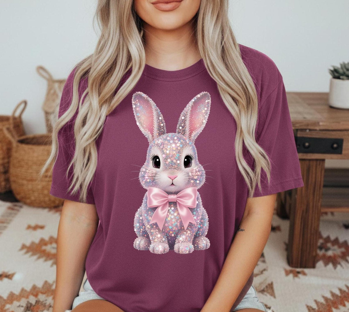 Sparkly Bunny Comfort Colors short sleeve tshirt, Easter Tshirt, FAUX sparkles, sequins, and rhinestones