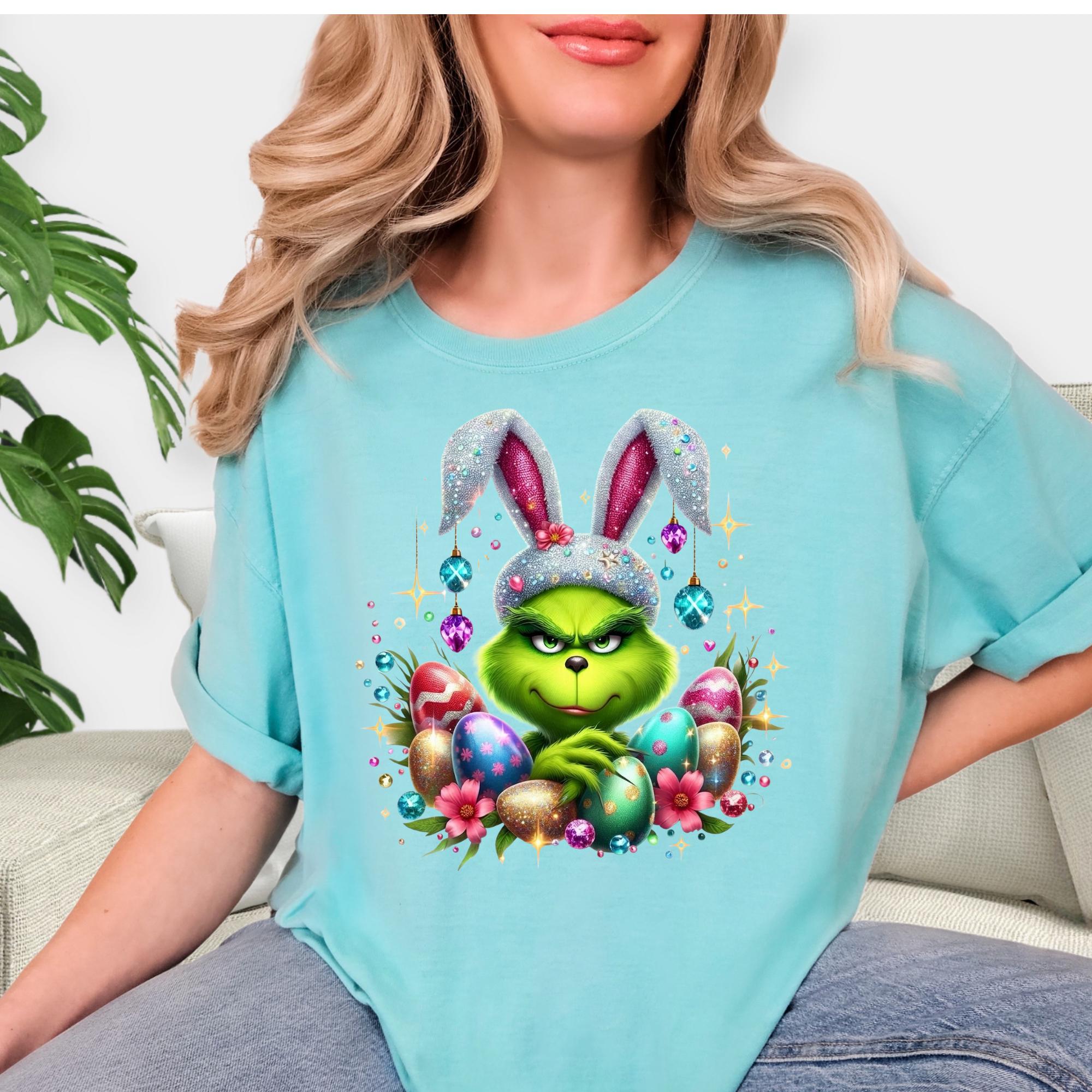 Sparkly FAUX glitter, sequin and rhinestone Mean Green Guy Easter Tshirt.