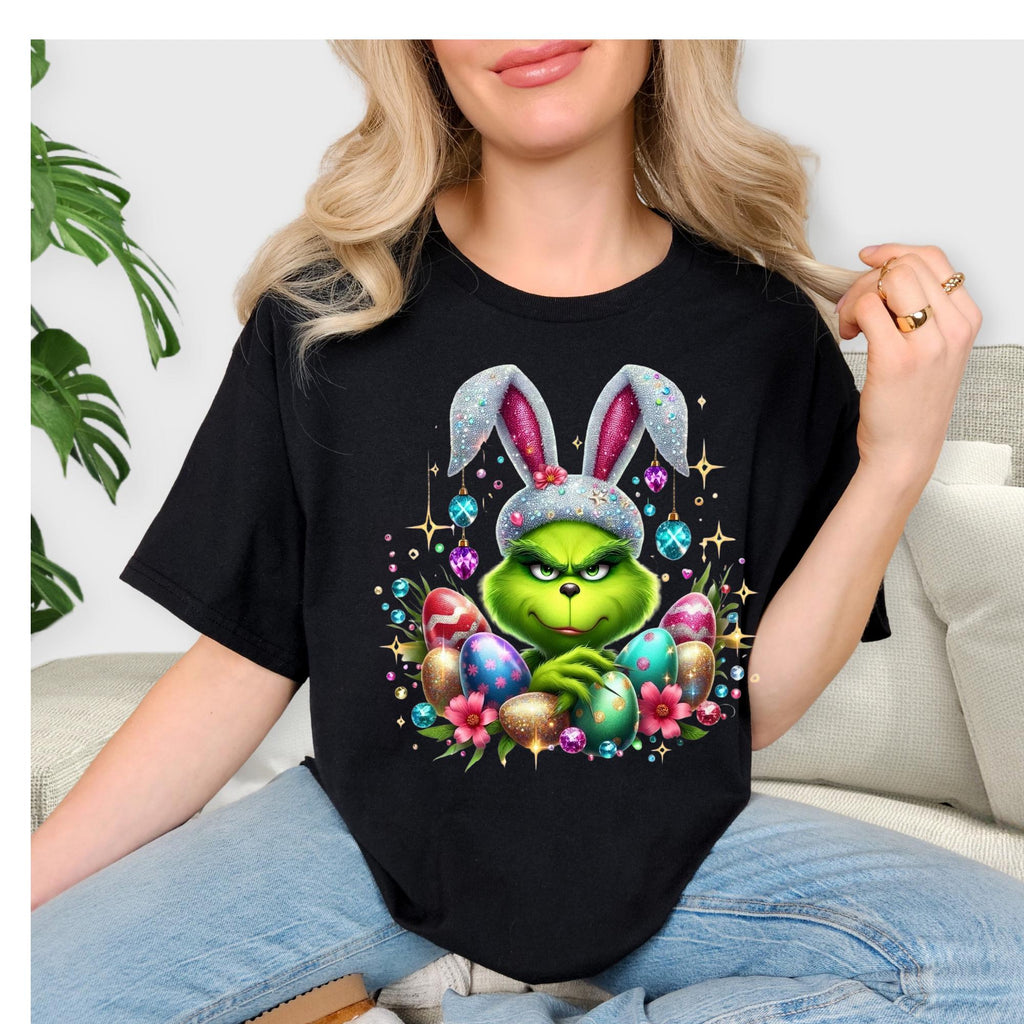 Sparkly FAUX glitter, sequin and rhinestone Mean Green Guy Easter Tshirt.