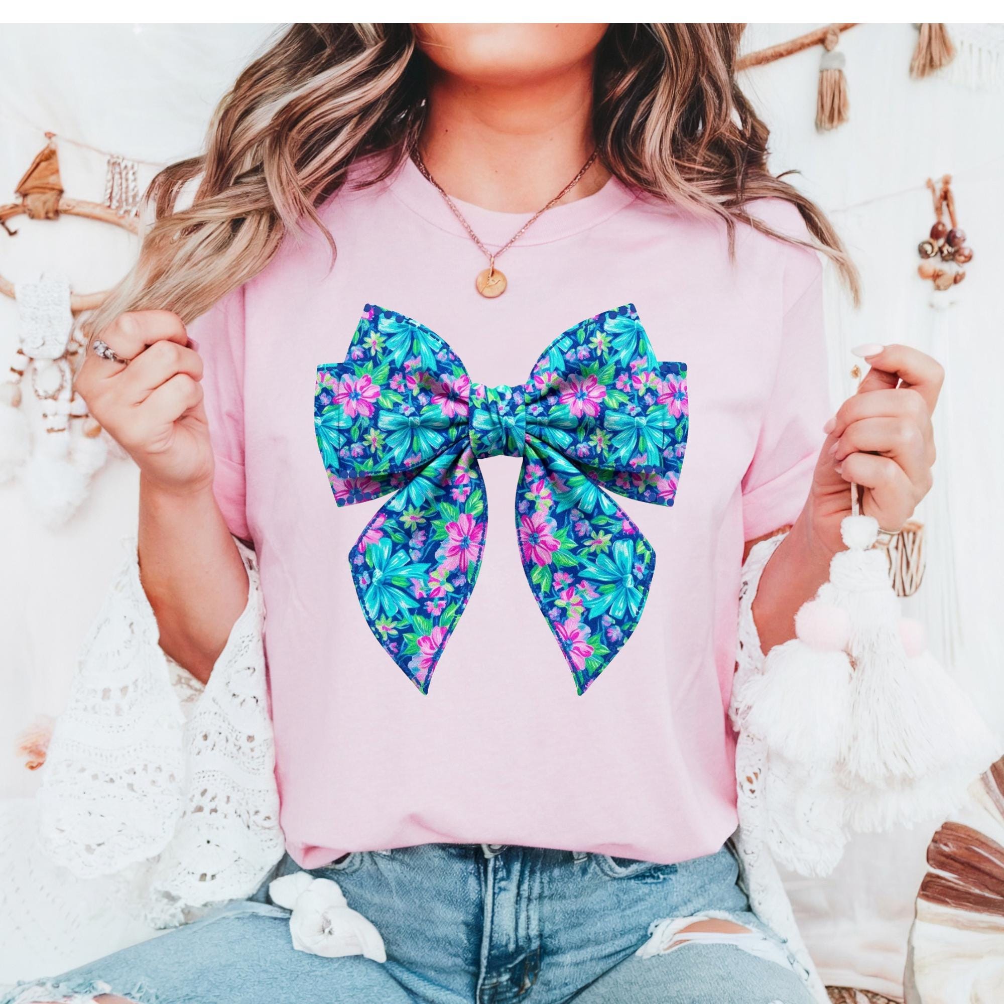 Floral Bow T-Shirt: Tropical Pattern, Coquette, Spring Summer Top
