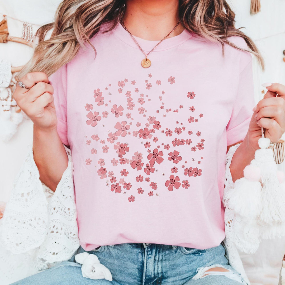 Boho Cherry Blossom Graphic Tee: Vintage Pink Floral Comfort Colors Shirt