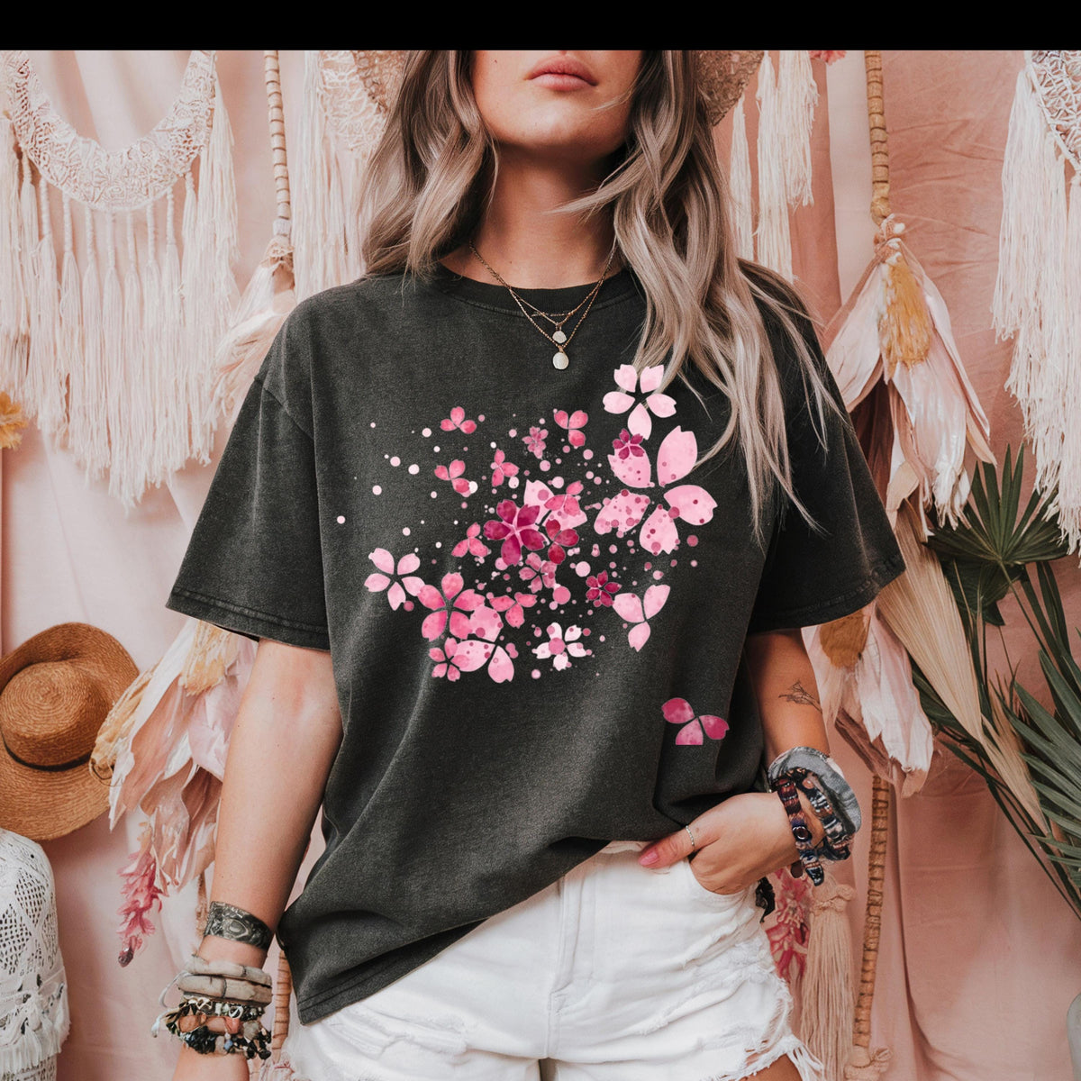 Cherry Blossom Graphic Tee: Vintage Pink Floral Comfort Colors Shirt